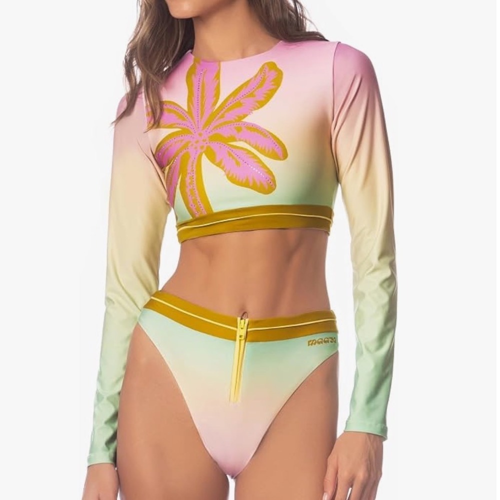 NWT Maaji Womens Ombre Long Sleeve Crop Rashguard Palm Tree Swim Top Size M Surf